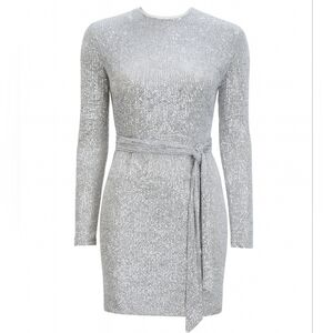 Express Silver Sequin Long Sleeve Dress with Belt -- Size Small